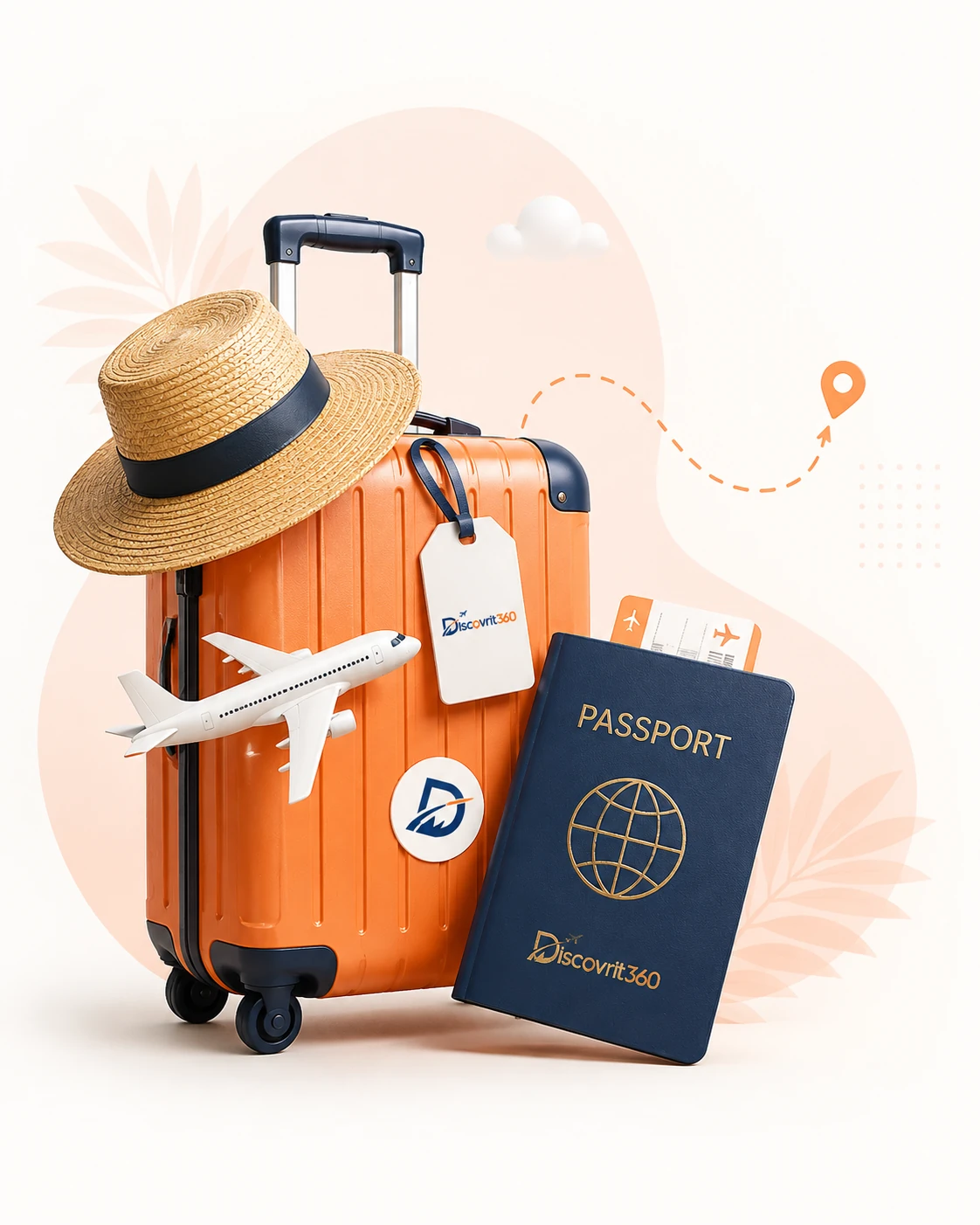 Discovrit360 branded travel suitcase, passport and airplane illustration
